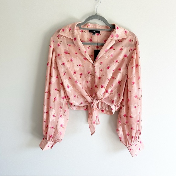 NWT Lulu's Pink Floral Semi Sheer Tie Front Long Sleeve Button Up Top 8 - Picture 1 of 7